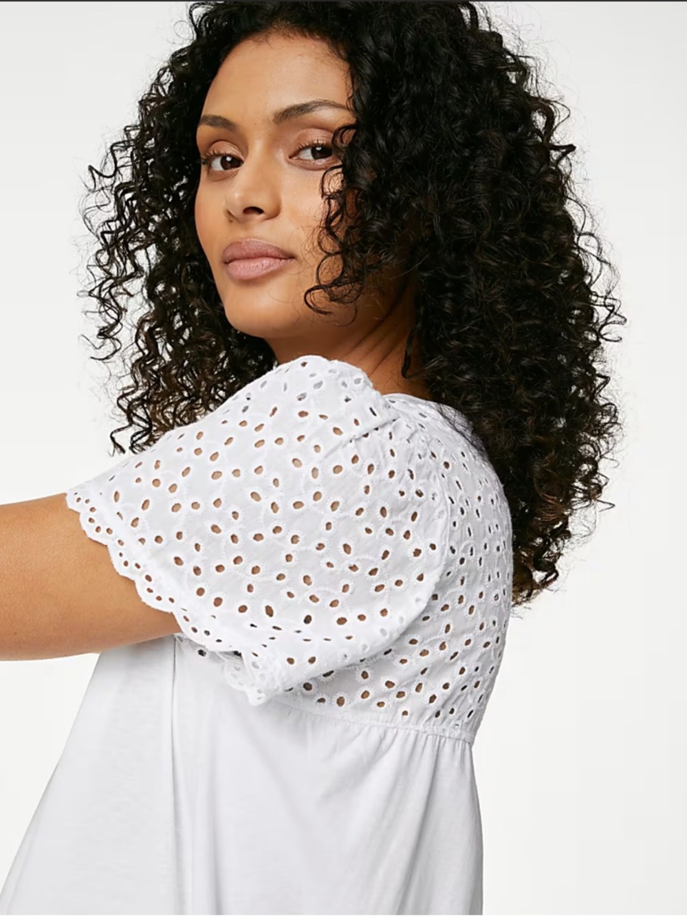White Eyelet Sleeve V-Neck Midi Dress / nightgown / nightie M&S nwt